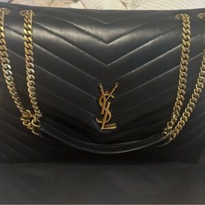 Yves Saint Laurent LouLou Black Chevron Leather Bag with Gold Chains